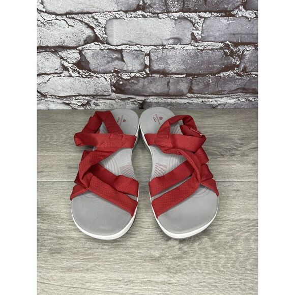 Clarks Cloud Steppers Red Fabric Strappy Wedge Comfort Sandals Women 8M US/39EU - Picture 12 of 16